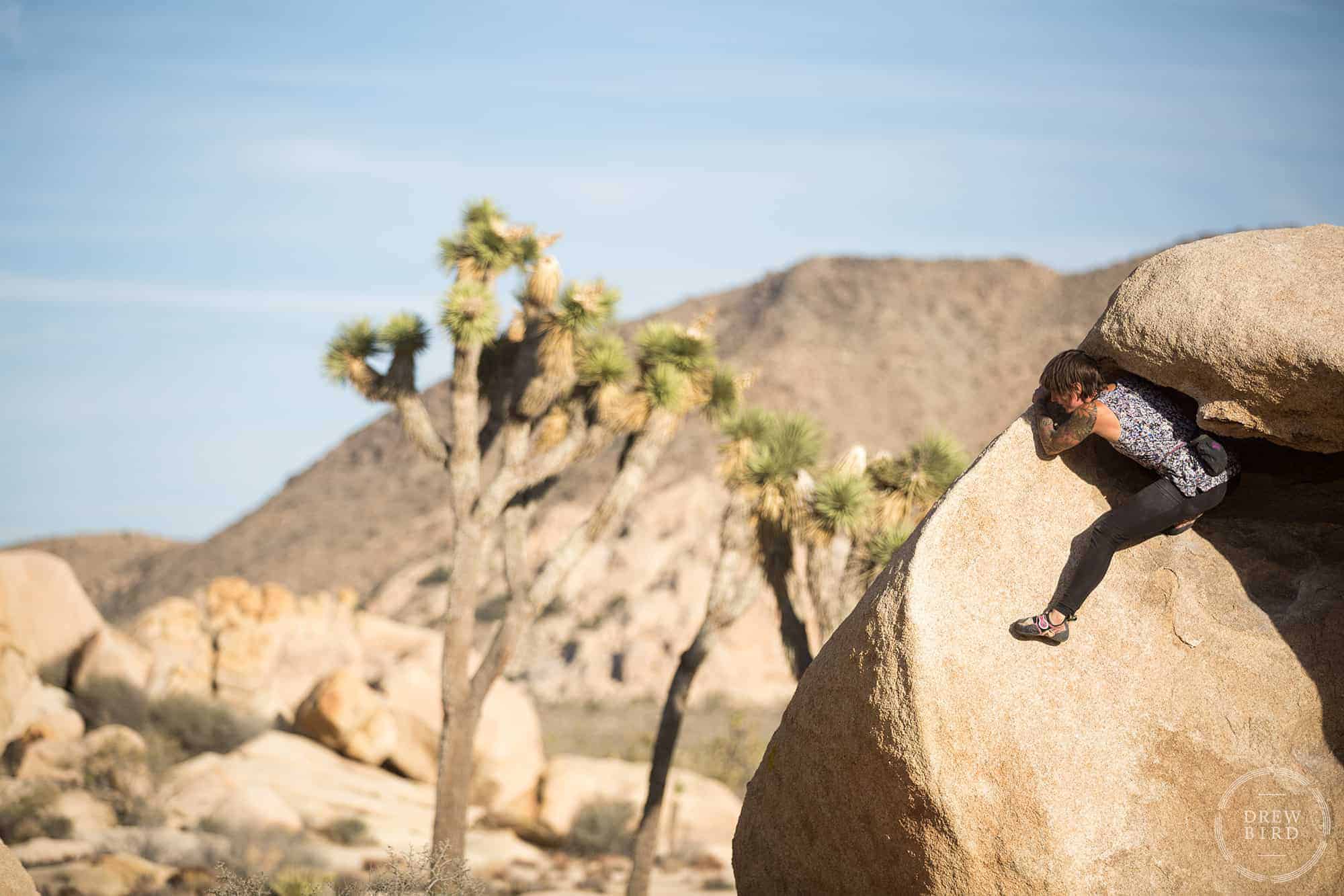 Photo of a person bouldering in the desert with blue sky behind them. Photo by San Francisco based commercial photographer Drew Bird.