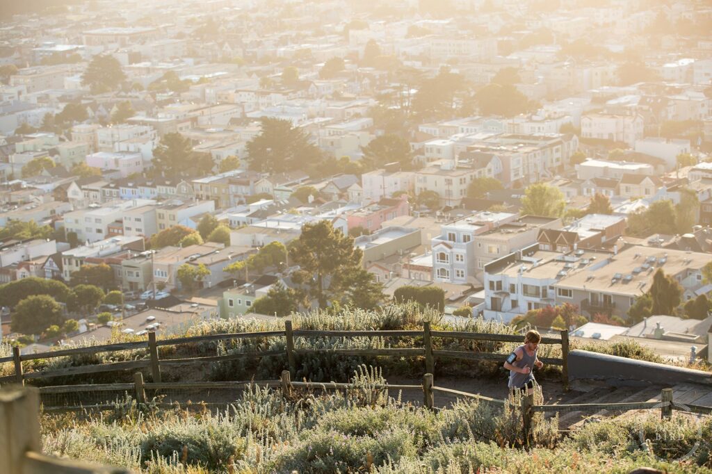 Running and outdoor exercise brand advertising photography in San Francisco at Grandview Park.