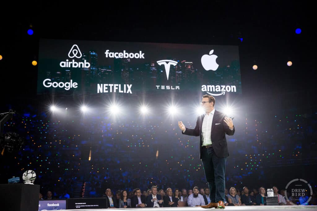 Keynote speaker on the main stage at Cisco Live corporate conference in Las Vegas, NV. San Francisco event and conference photographer Drew Bird.