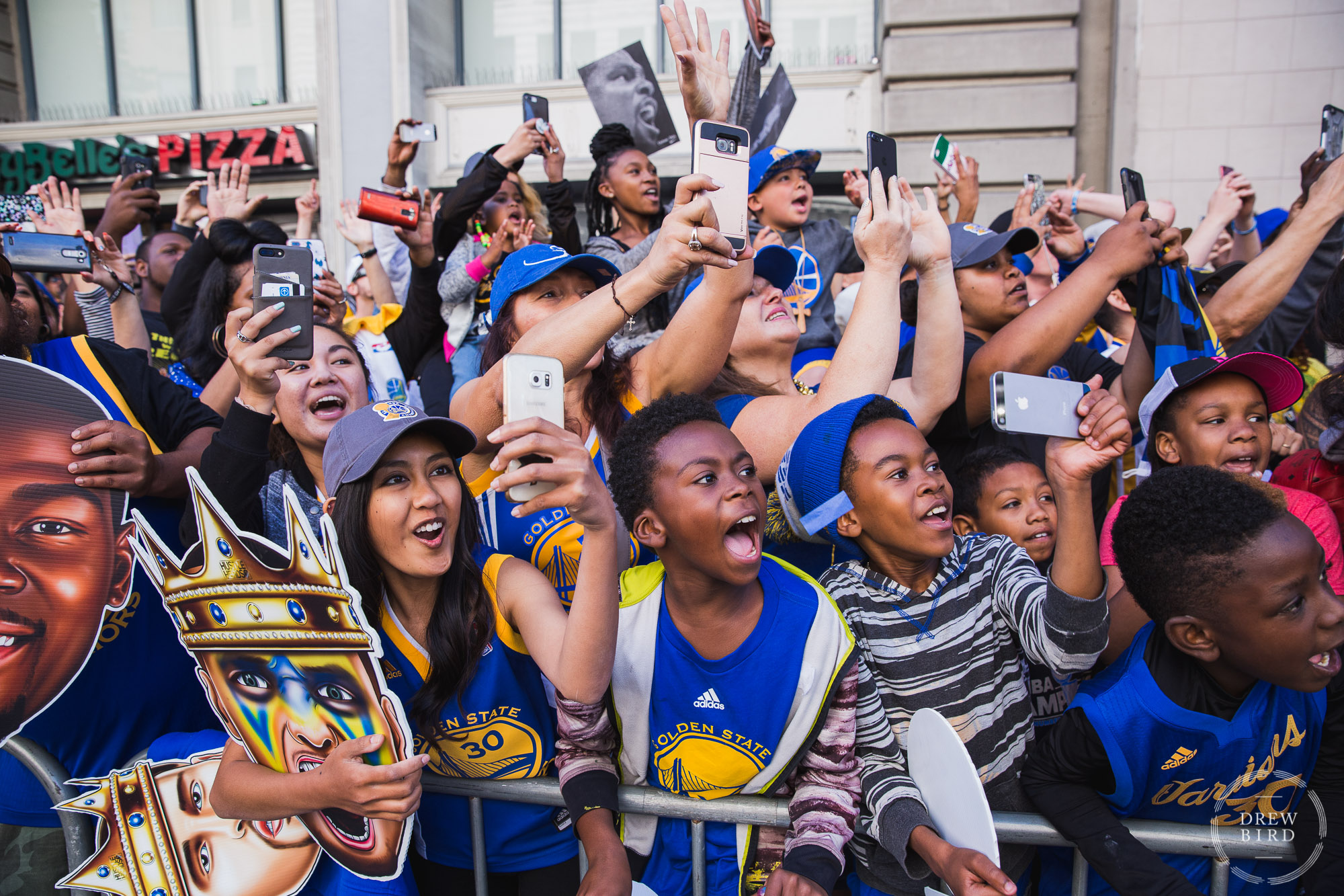 Cheering crowd at Golden State Warriors parade. Editorial photo by San Francisco photographer Drew Bird.